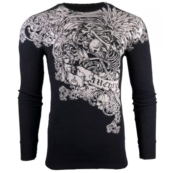 Maglietta Uomo Affliction Archaic Uprising Strike Archaic Uomo - Design Rivolta Strike Con Ali E Croce, Stile Biker, Grigia Maglietta Affliction